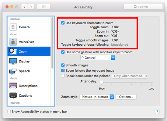 Tick the checkbox next to Use keyboard shortcuts to zoom